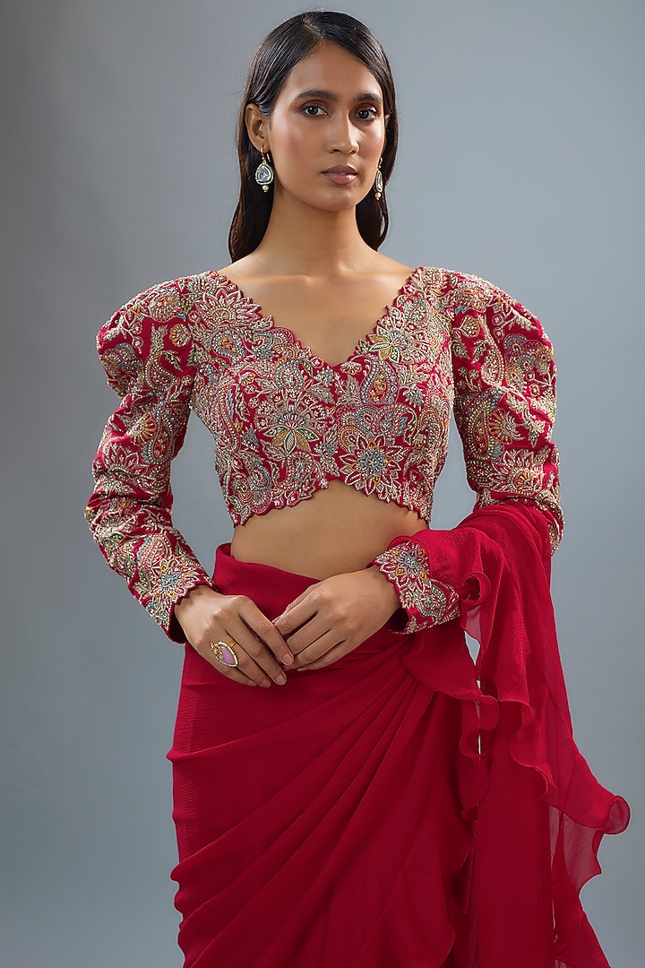 Red Chiffon Ruffled Reception Saree Set by Mrunalini Rao at Pernia's Pop Up Shop