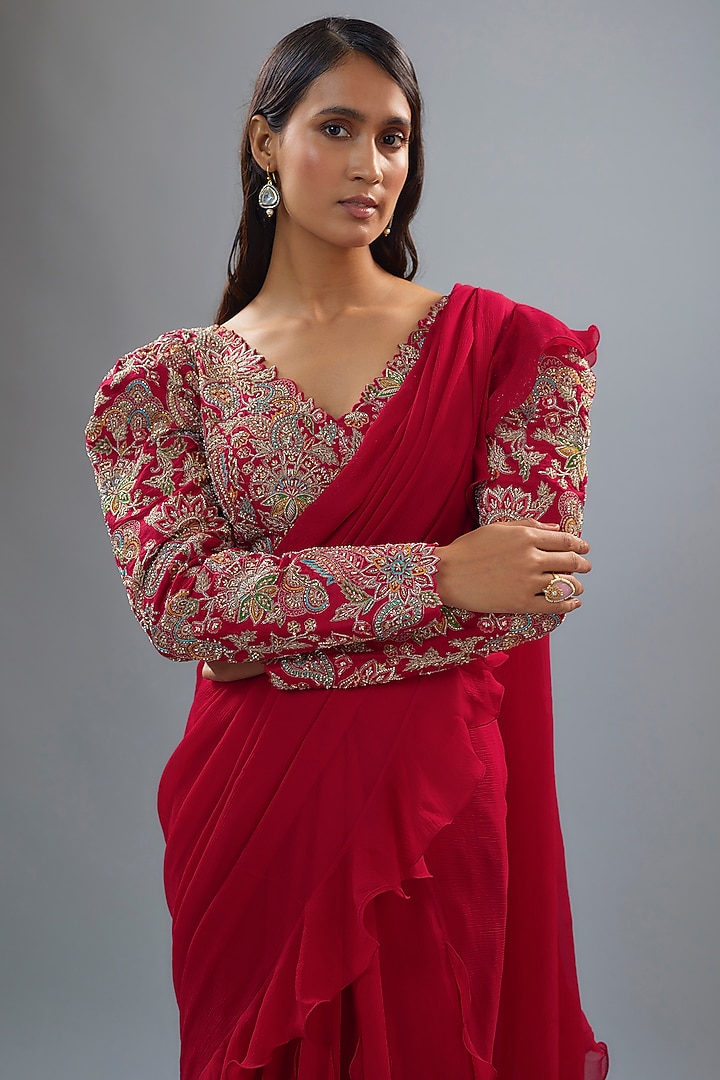 Red Chiffon Ruffled Reception Saree Set by Mrunalini Rao at Pernia's Pop Up Shop