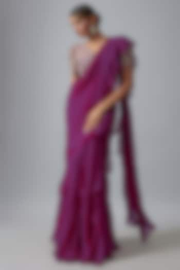 Magenta Pink Chiffon Kalidar Ruffled Saree Set by Mrunalini Rao at Pernia's Pop Up Shop