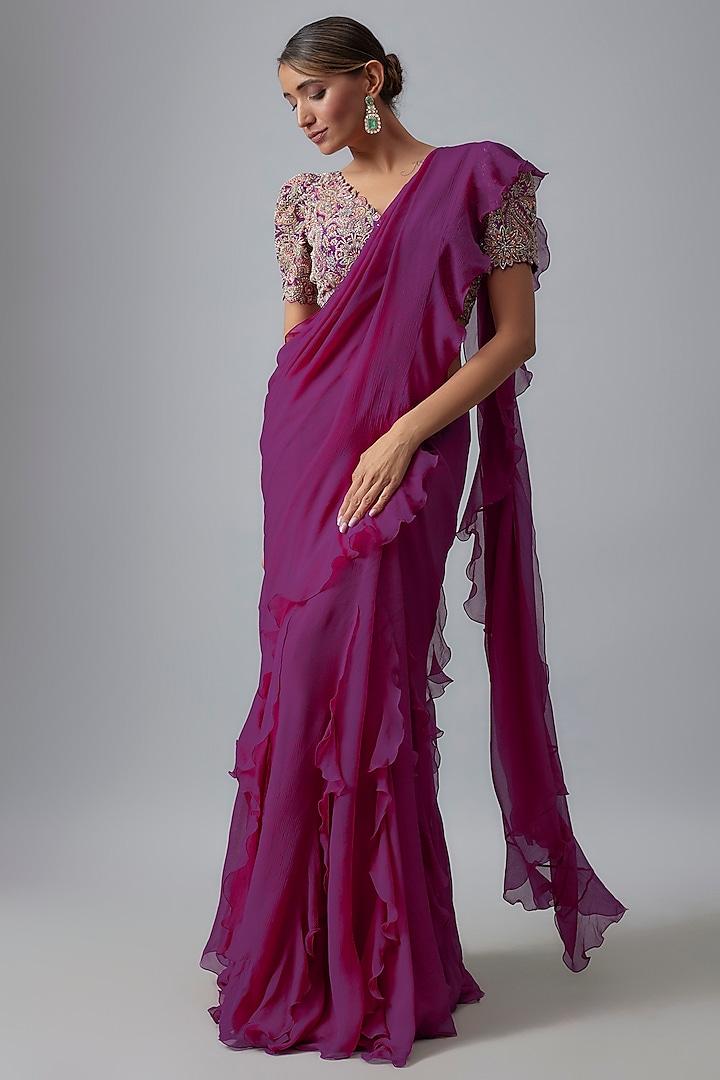 Magenta Pink Chiffon Kalidar Ruffled Saree Set by Mrunalini Rao at Pernia's Pop Up Shop