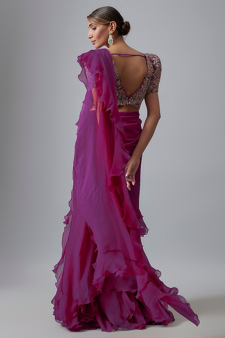Magenta Pink Chiffon Kalidar Ruffled Reception Saree Set by Mrunalini Rao at Pernia's Pop Up Shop
