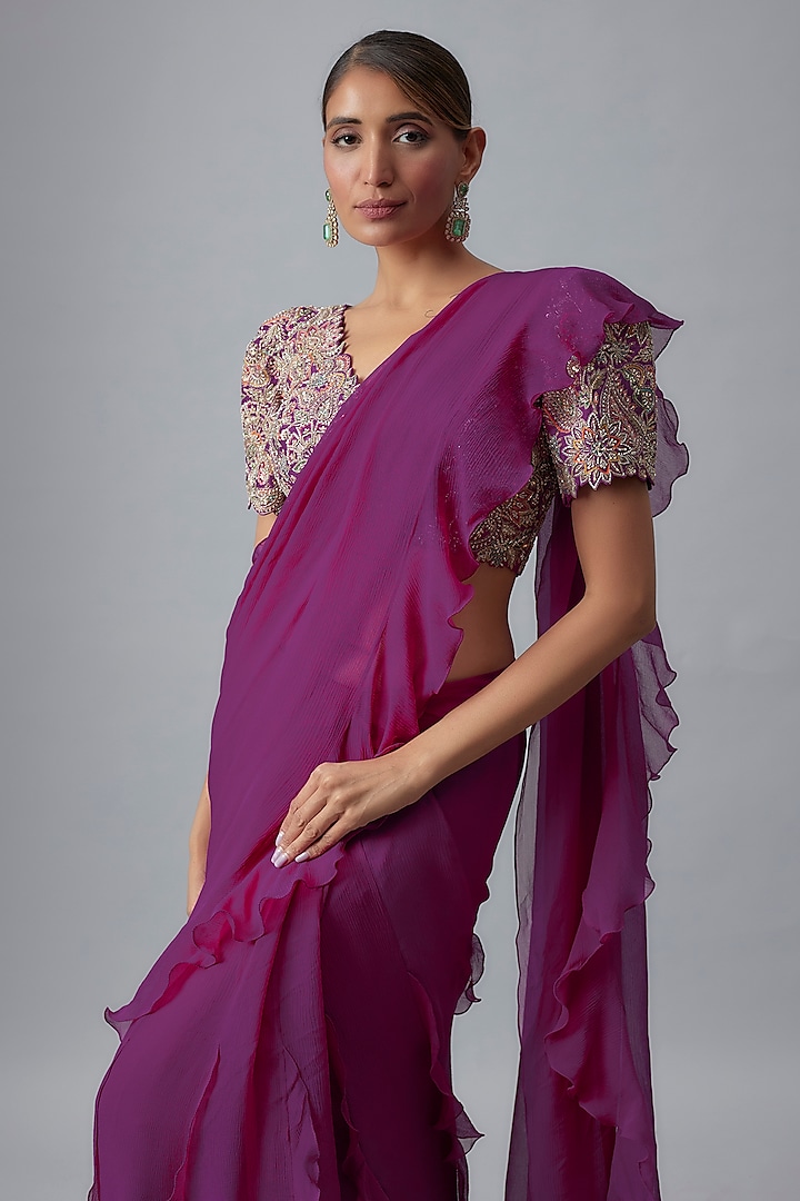 Magenta Pink Chiffon Kalidar Ruffled Reception Saree Set by Mrunalini Rao at Pernia's Pop Up Shop