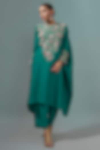Dark Teal Pure Silk Hand Embroidered Kurta Set by Mrunalini Rao at Pernia's Pop Up Shop