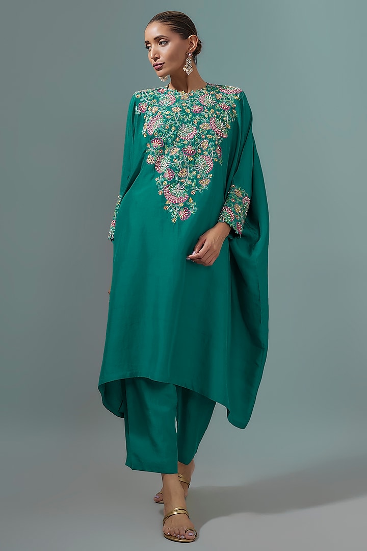 Dark Teal Pure Silk Hand Embroidered Kurta Set by Mrunalini Rao at Pernia's Pop Up Shop