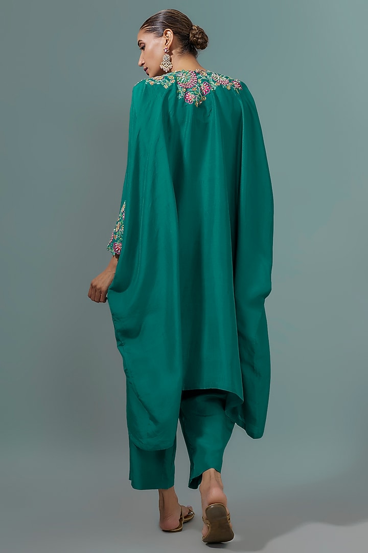 Dark Teal Pure Silk Hand Embroidered Kurta Set by Mrunalini Rao at Pernia's Pop Up Shop