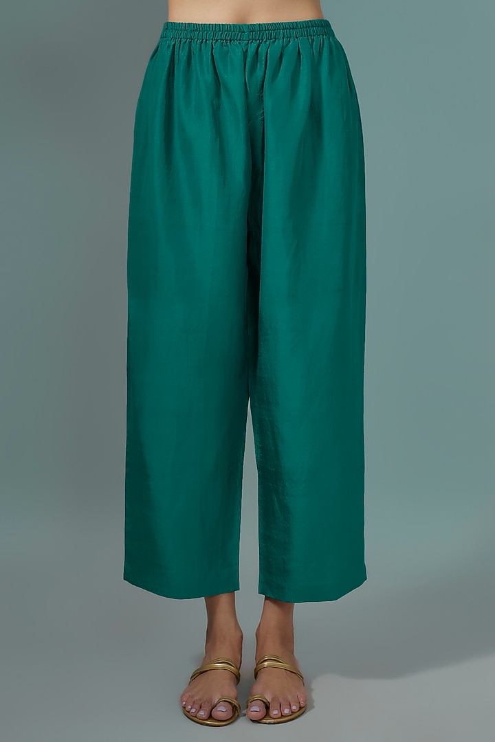 Dark Teal Pure Silk Hand Embroidered Kurta Set by Mrunalini Rao at Pernia's Pop Up Shop