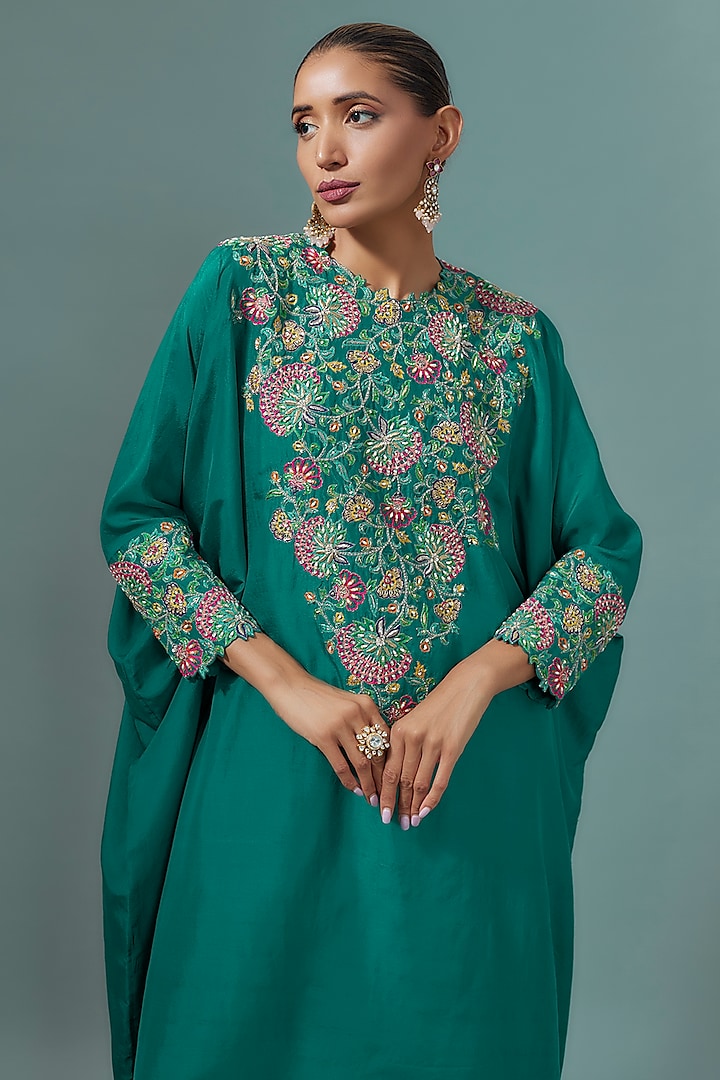 Dark Teal Pure Silk Hand Embroidered Kurta Set by Mrunalini Rao at Pernia's Pop Up Shop