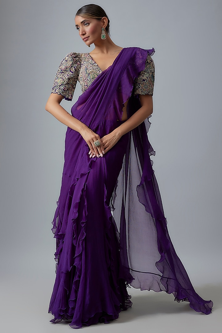 Purple Chiffon Kalidar Ruffled Saree Set by Mrunalini Rao at Pernia's Pop Up Shop