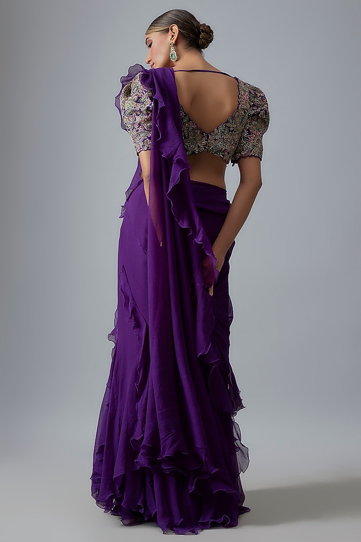 Purple Chiffon Kalidar Ruffled Reception Saree Set by Mrunalini Rao at Pernia's Pop Up Shop