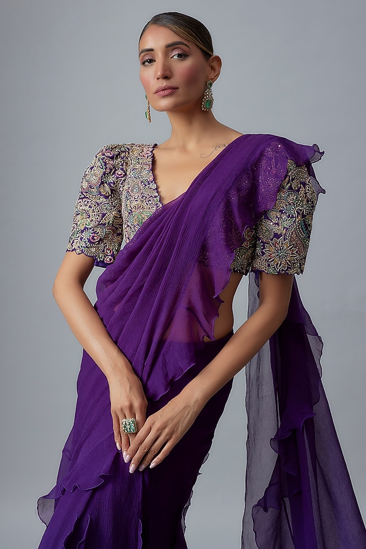 Purple Chiffon Kalidar Ruffled Reception Saree Set by Mrunalini Rao at Pernia's Pop Up Shop