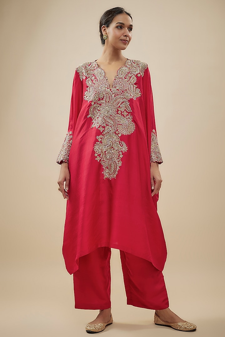 Red Silk Pearl Hand Embroidered Kaftan Set by Mrunalini Rao at Pernia's Pop Up Shop