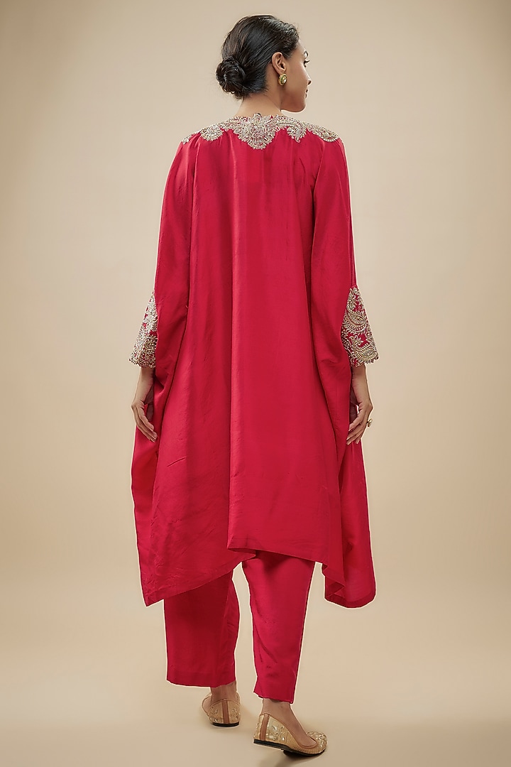Red Silk Pearl Hand Embroidered Kaftan Set by Mrunalini Rao at Pernia's Pop Up Shop