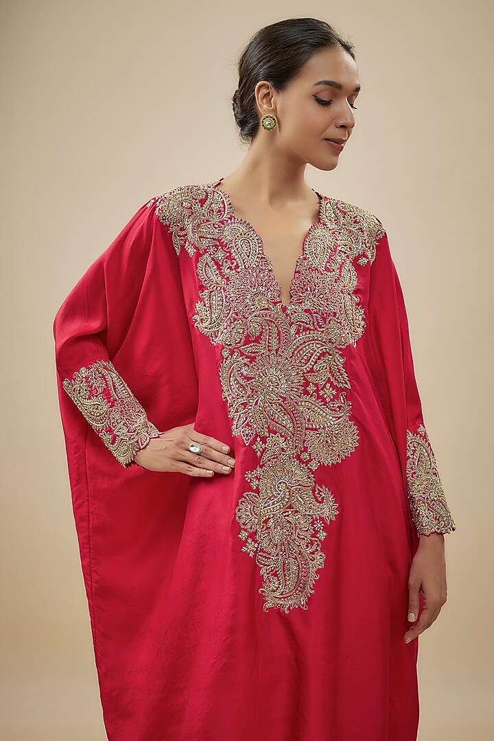 Red Silk Pearl Hand Embroidered Kaftan Set by Mrunalini Rao at Pernia's Pop Up Shop