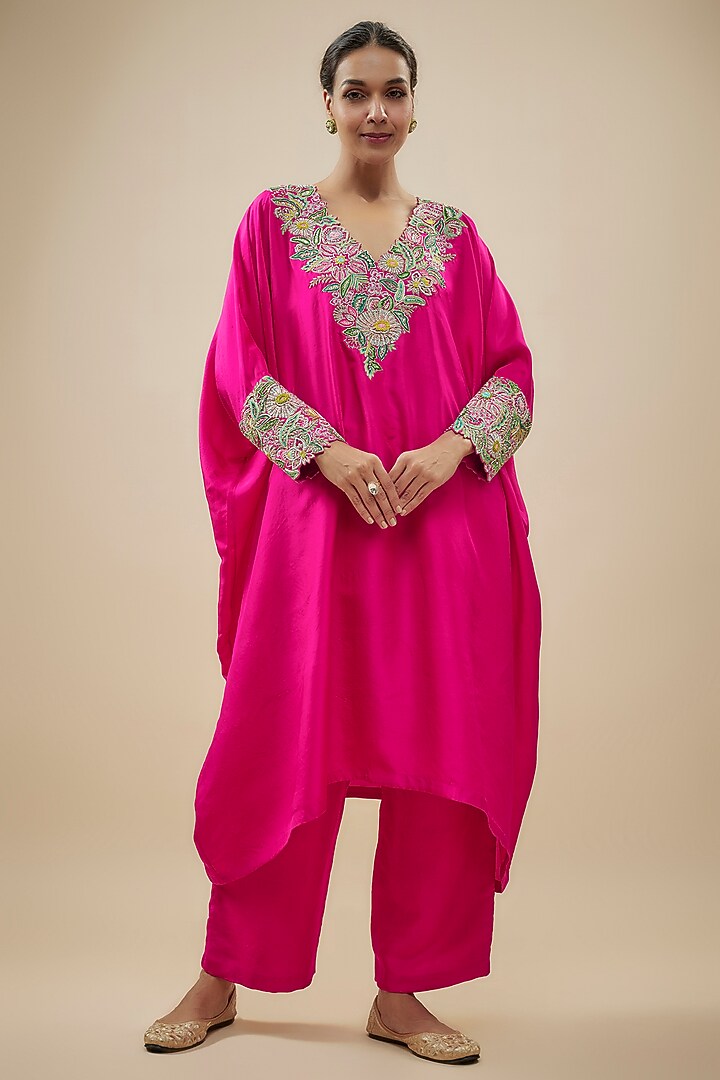 Hot Pink Dupion Silk Zardosi Embroidered Kurta Set by Mrunalini Rao at Pernia's Pop Up Shop