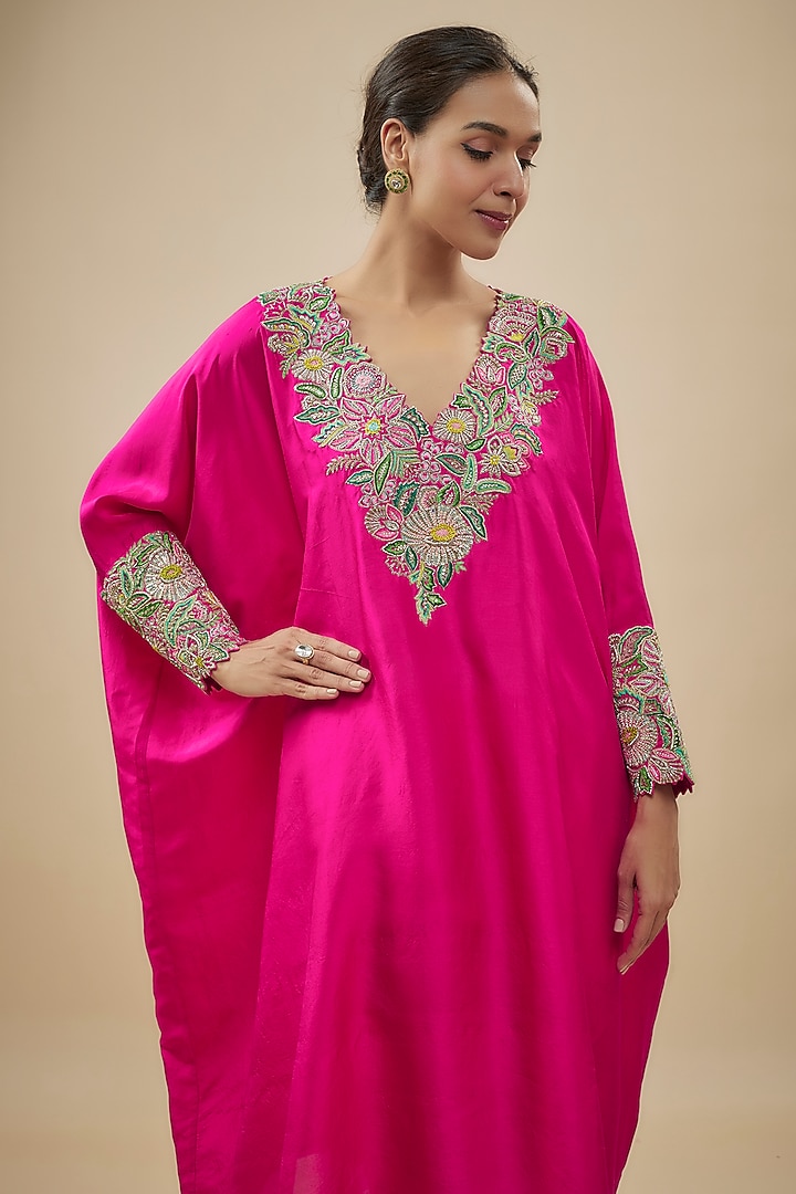 Hot Pink Dupion Silk Zardosi Embroidered Kurta Set by Mrunalini Rao at Pernia's Pop Up Shop