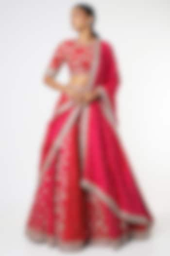 Red Jaal Embroidered Bridal Lehenga Set by Mrunalini Rao at Pernia's Pop Up Shop