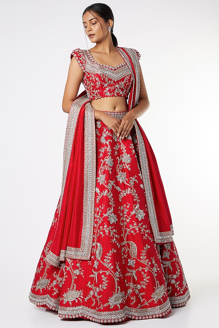 Red Raw Silk Lehenga Set by Mrunalini Rao