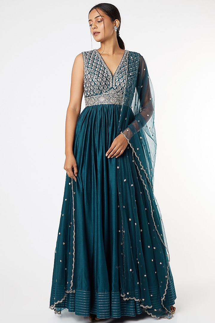 Dark Teal Blue Embroidered Wedding Anarkali Set by Mrunalini Rao at Pernia's Pop Up Shop