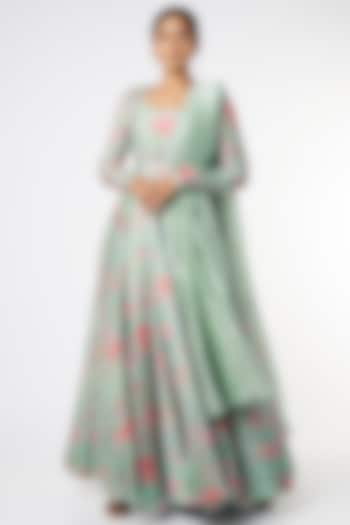 Teal Blue Printed Anarkali Set by Mrunalini Rao at Pernia's Pop Up Shop