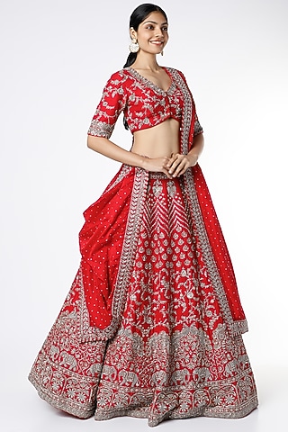 Red Embroidered Lehenga Set by Mrunalini Rao
