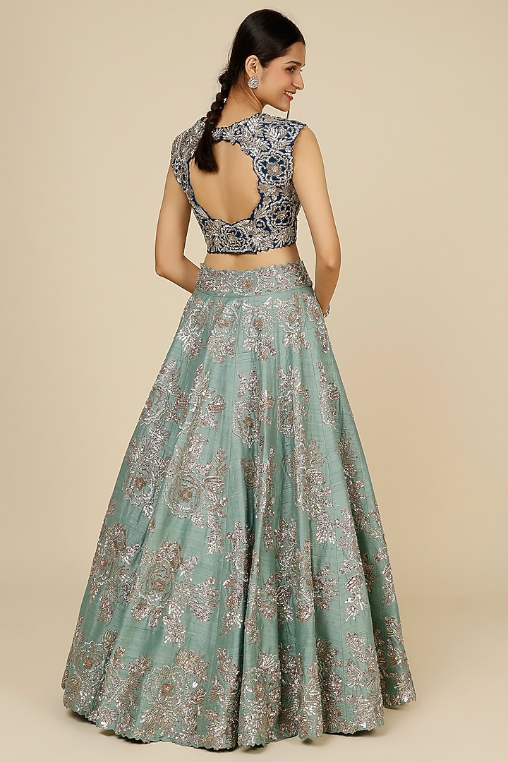 Sky Blue Embroidered Bridal Lehenga Set by Mrunalini Rao at Pernia's Pop Up Shop