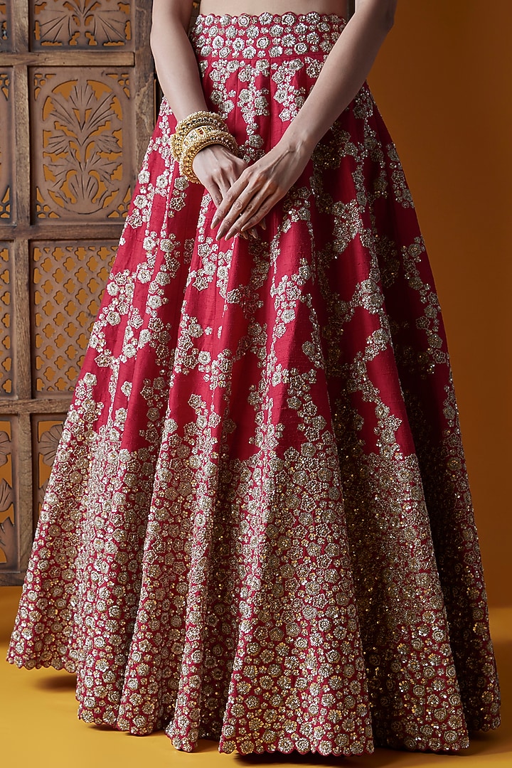 Red Silk Embroidered Bridal Lehenga Set by Mrunalini Rao at Pernia's Pop Up Shop