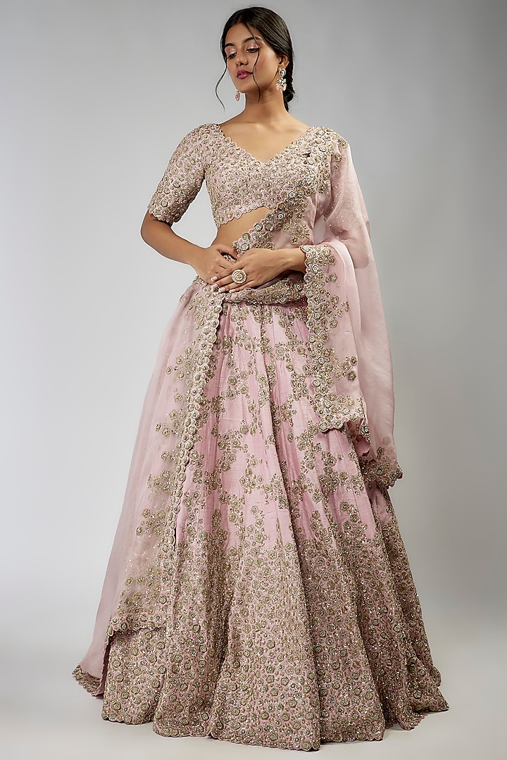 Blush Pink Raw Silk Embroidered Bridal Lehenga Set by Mrunalini Rao at Pernia's Pop Up Shop