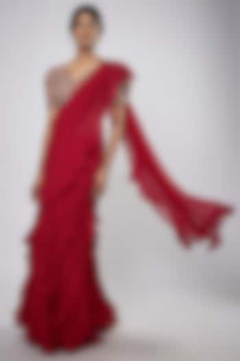 Red Chiffon Ruffled Saree Set by Mrunalini Rao at Pernia's Pop Up Shop