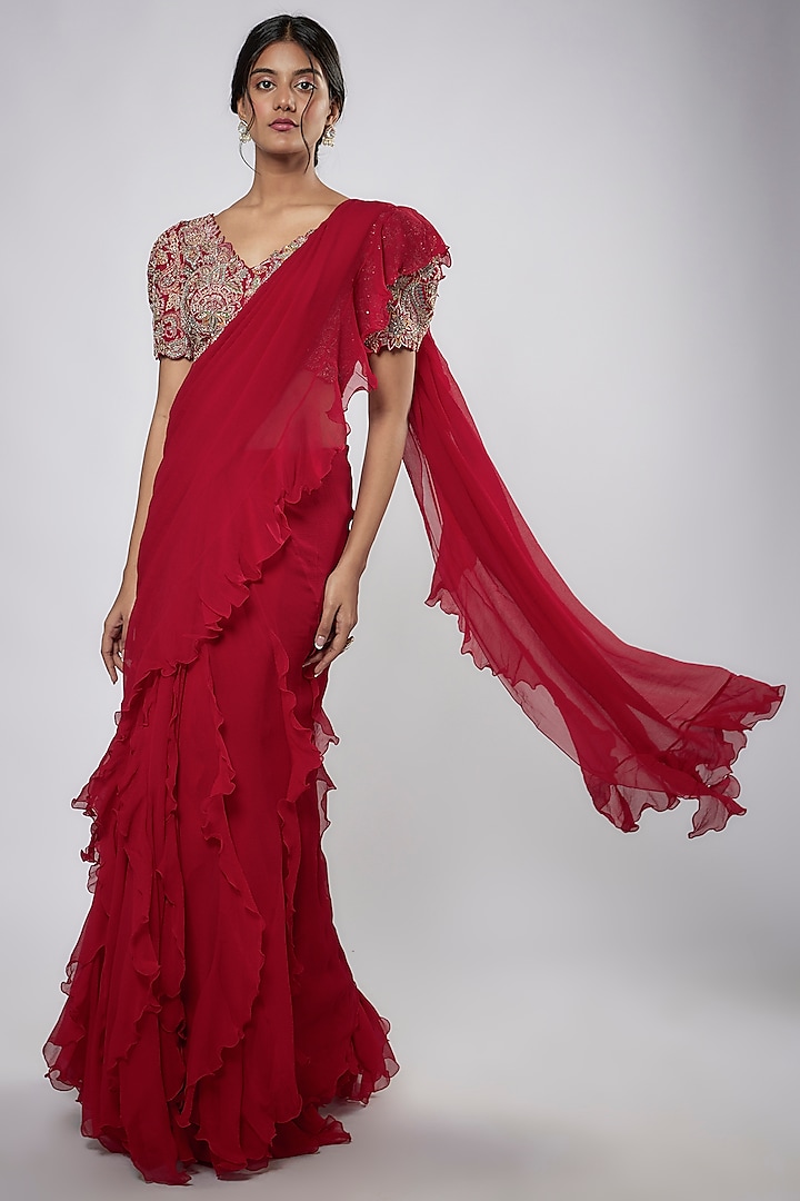 Red Chiffon Ruffled Saree Set by Mrunalini Rao at Pernia's Pop Up Shop