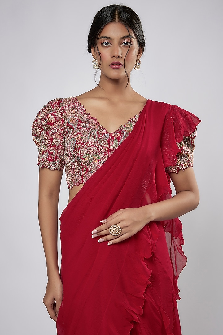 Red Chiffon Ruffled Reception Saree Set by Mrunalini Rao at Pernia's Pop Up Shop