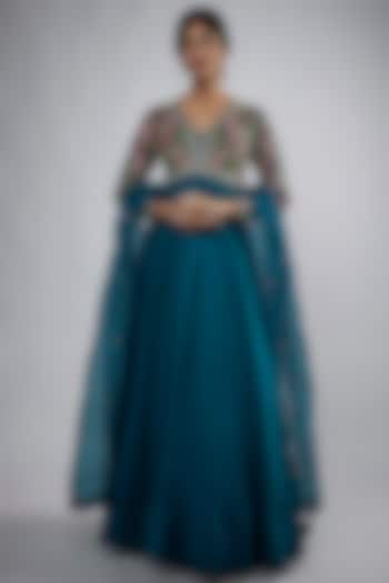 Cobalt Blue Pure Silk & Raw Silk Embroidered Bridal Anarkali Set by Mrunalini Rao at Pernia's Pop Up Shop