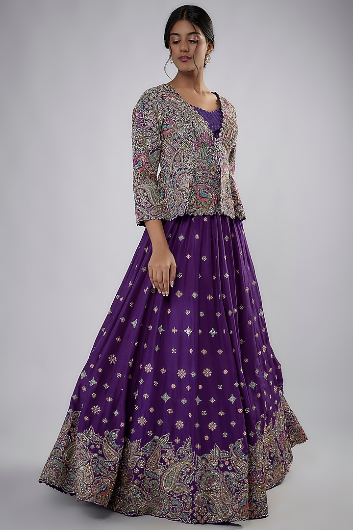 Purple Raw Silk & Dupion Silk Embroidered Jacket Bridal Lehenga Set by Mrunalini Rao at Pernia's Pop Up Shop