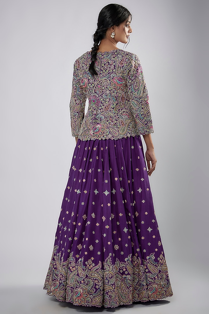 Purple Raw Silk & Dupion Silk Embroidered Jacket Bridal Lehenga Set by Mrunalini Rao at Pernia's Pop Up Shop