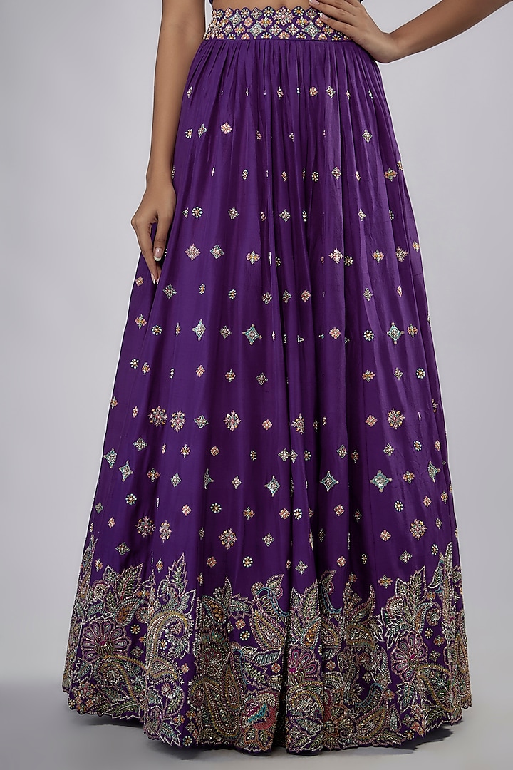 Purple Raw Silk & Dupion Silk Embroidered Jacket Bridal Lehenga Set by Mrunalini Rao at Pernia's Pop Up Shop