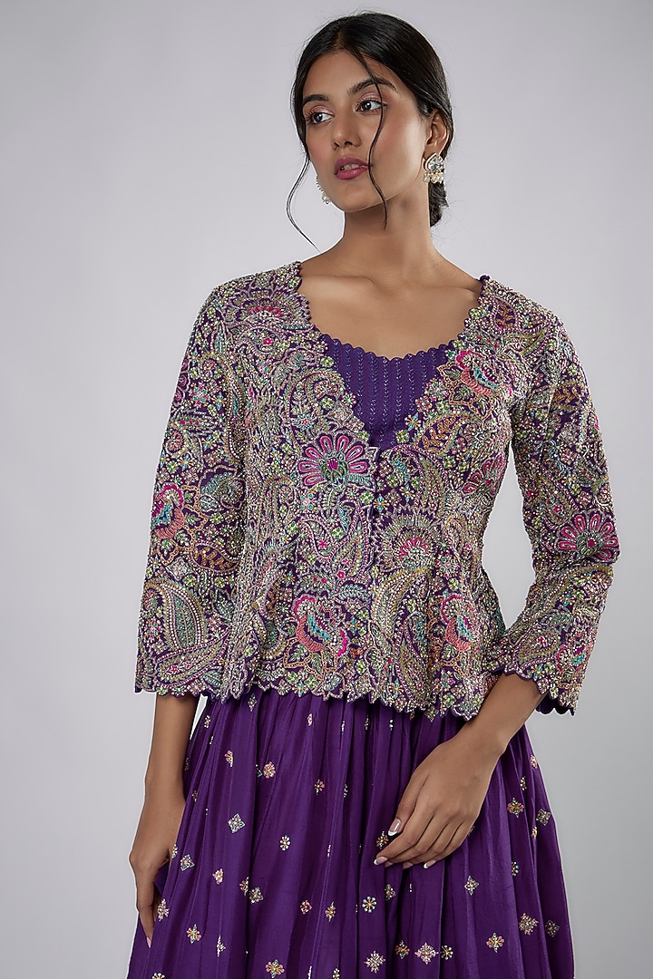 Purple Raw Silk & Dupion Silk Embroidered Jacket Bridal Lehenga Set by Mrunalini Rao at Pernia's Pop Up Shop