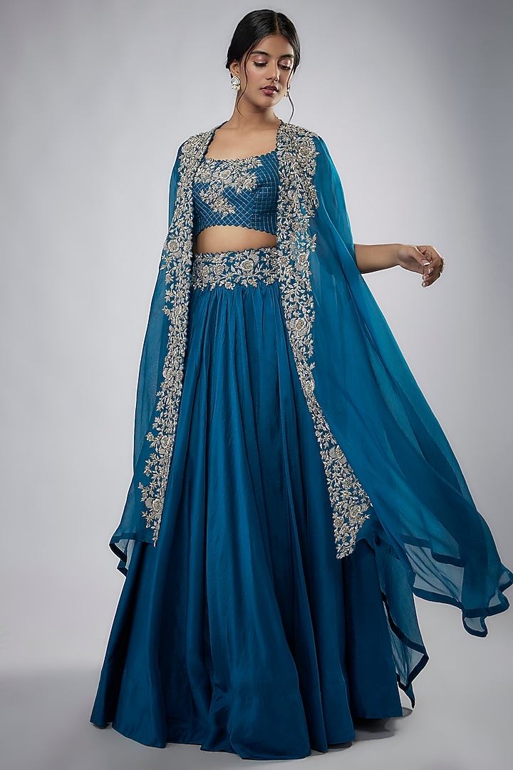 Cobalt Blue Organza Embroidered Cape Set by Mrunalini Rao at Pernia's Pop Up Shop