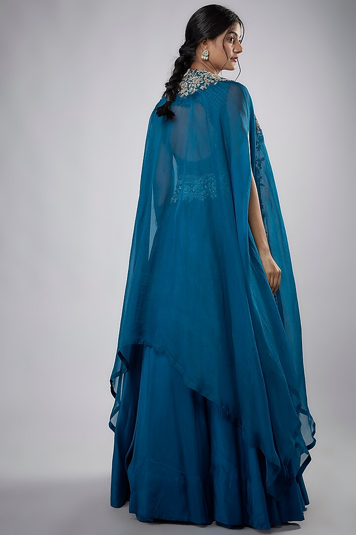 Cobalt Blue Organza Embroidered Cape Set by Mrunalini Rao at Pernia's Pop Up Shop