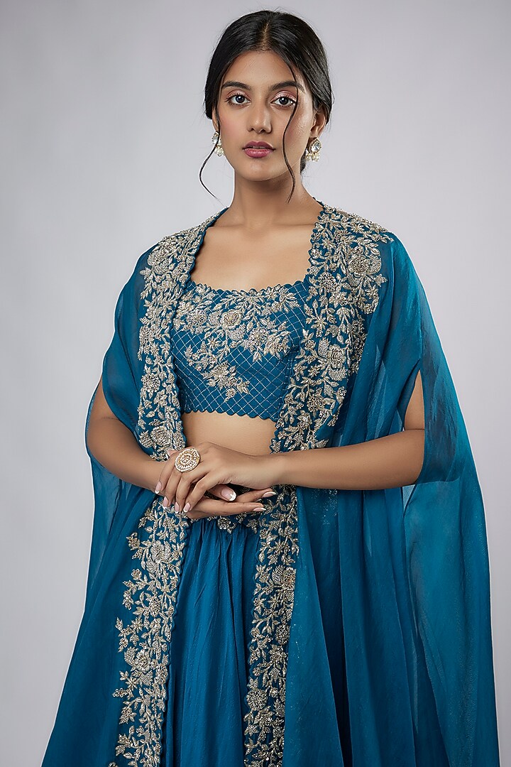 Cobalt Blue Organza Embroidered Cape Set by Mrunalini Rao at Pernia's Pop Up Shop