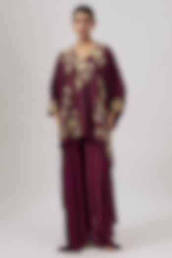 Deep Wine Silk Zardosi Embroidered Kurta Set by Mrunalini Rao at Pernia's Pop Up Shop