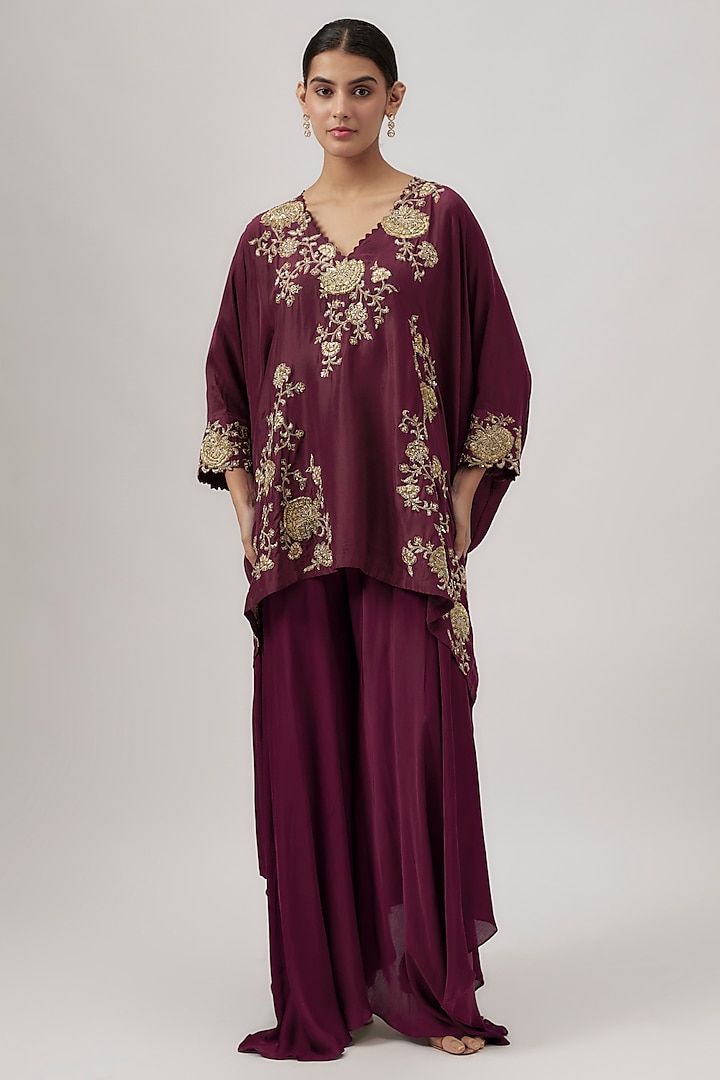 Deep Wine Silk Zardosi Embroidered Kurta Set by Mrunalini Rao at Pernia's Pop Up Shop