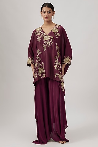 Deep Wine Silk Zardosi Embroidered Kurta Set by Mrunalini Rao