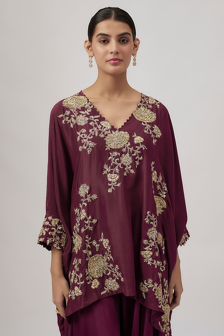 Deep Wine Silk Zardosi Embroidered Kurta Set by Mrunalini Rao at Pernia's Pop Up Shop