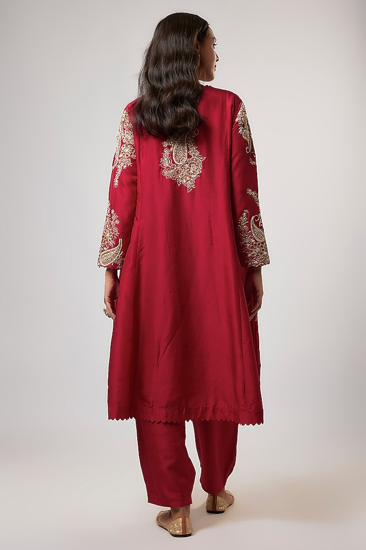 Red Pure Silk Zardosi & Pearl Embroidered Kurta Set by Mrunalini Rao at Pernia's Pop Up Shop