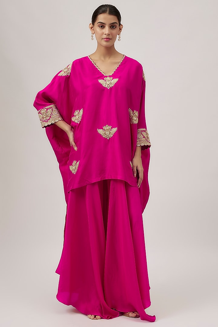Fuchsia Pink Pure Silk Zardosi Embroidered Kurta Set by Mrunalini Rao at Pernia's Pop Up Shop