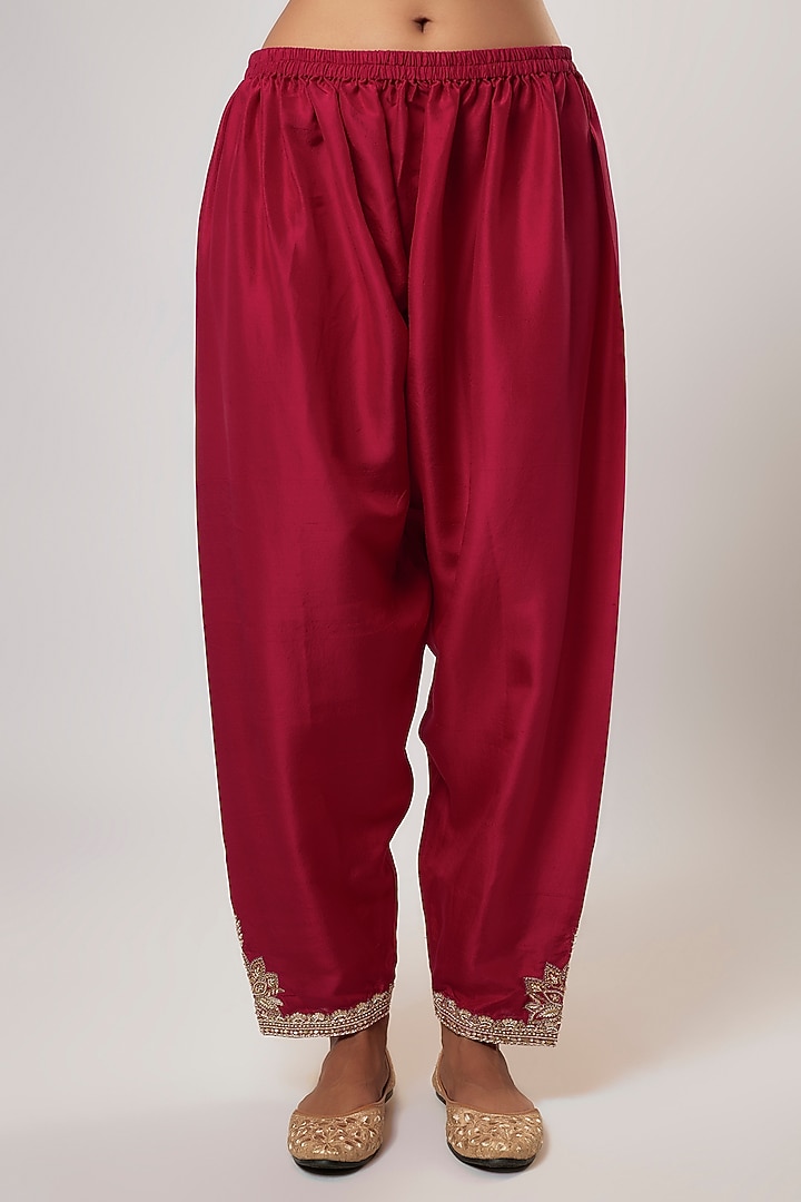 Red Pure Silk Zardosi Embroidered A-line Kurta Set by Mrunalini Rao at Pernia's Pop Up Shop