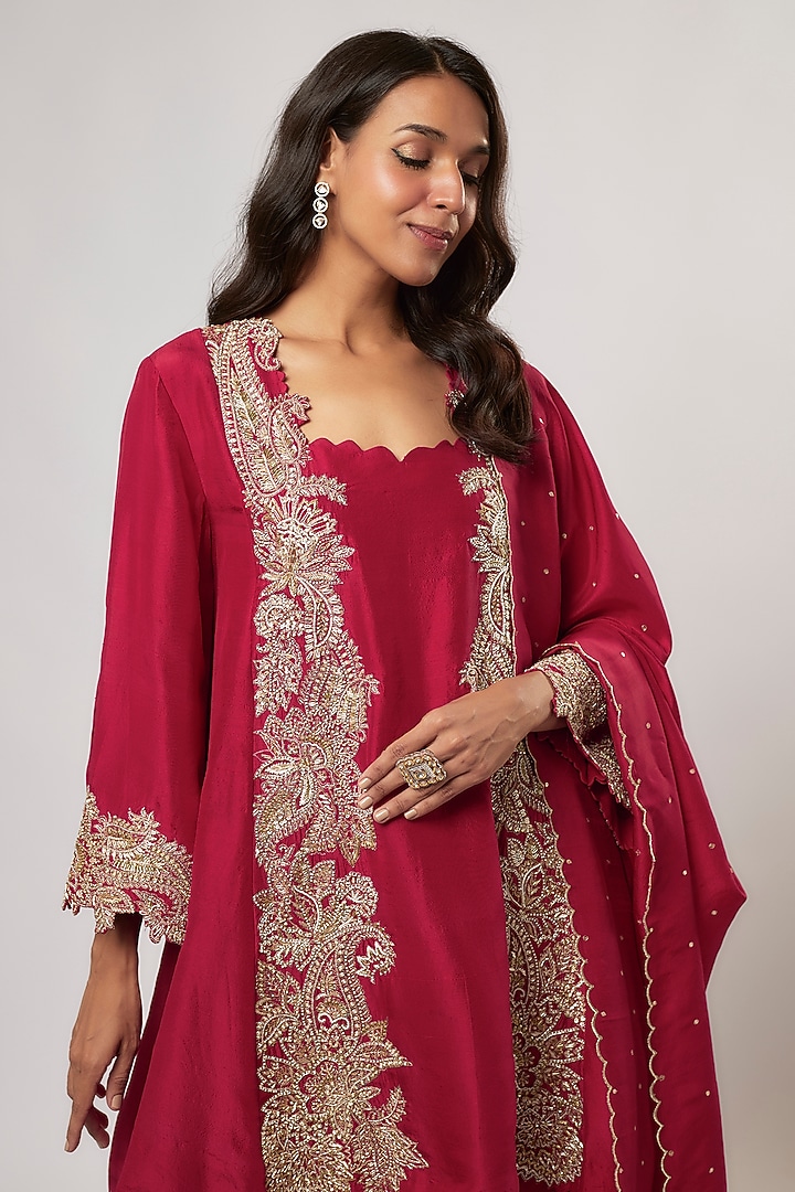 Red Pure Silk Zardosi Embroidered A-line Kurta Set by Mrunalini Rao at Pernia's Pop Up Shop
