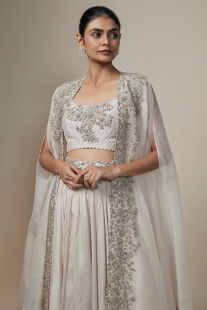 Ivory Organza Zardosi Embroidered Cape Set by Mrunalini Rao at Pernia's Pop Up Shop