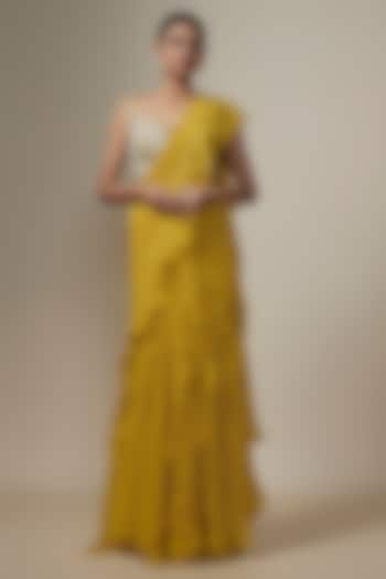 Yellow Chiffon Ruffled Saree Set by Mrunalini Rao at Pernia's Pop Up Shop