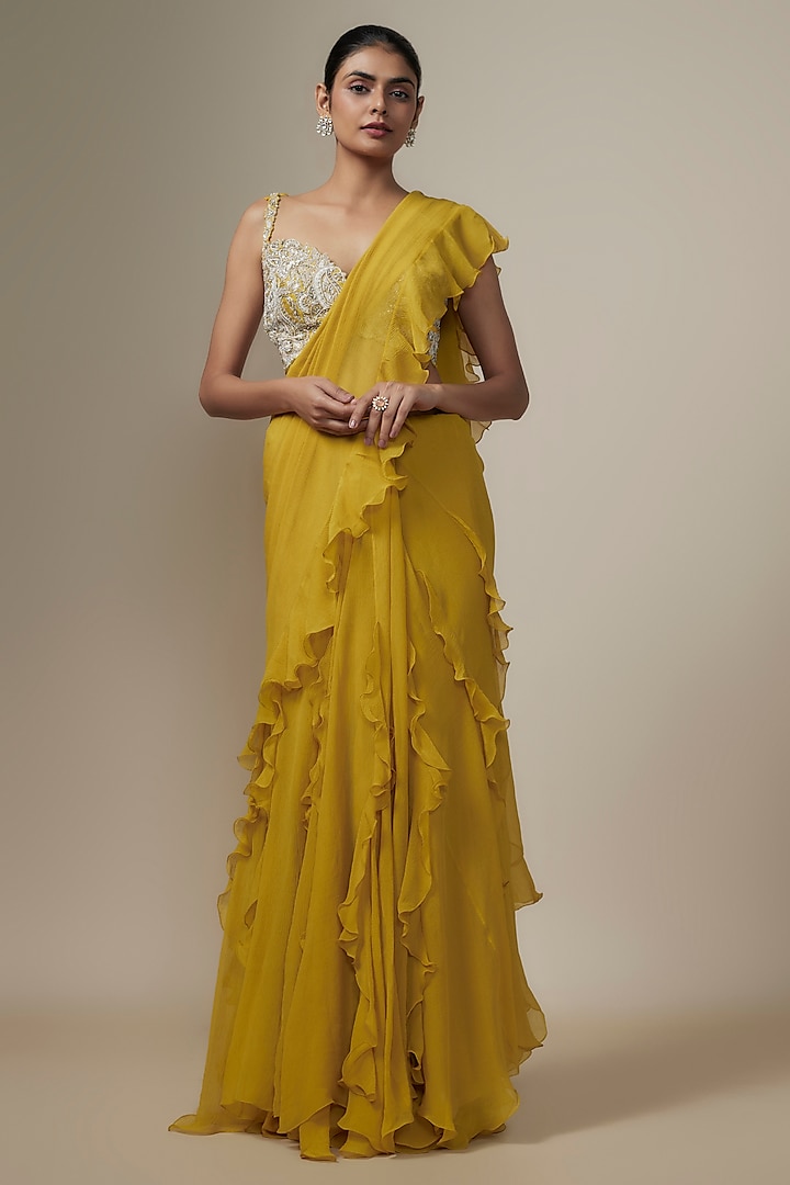 Yellow Chiffon Ruffled Saree Set by Mrunalini Rao at Pernia's Pop Up Shop