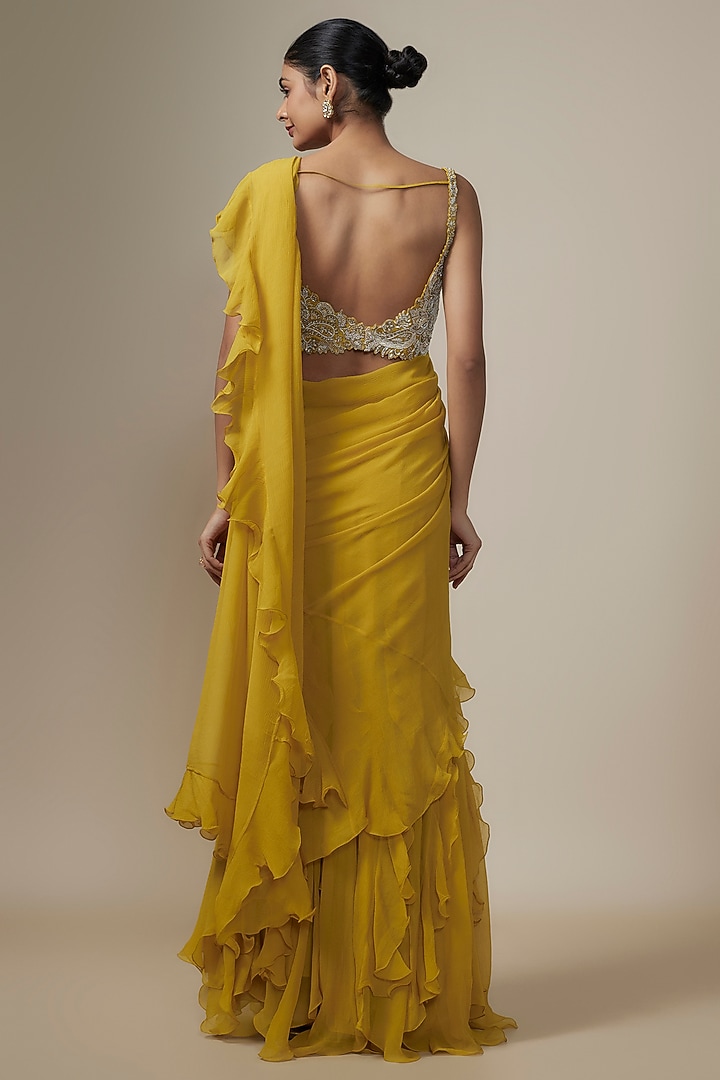 Yellow Chiffon Ruffled Reception Saree Set by Mrunalini Rao at Pernia's Pop Up Shop